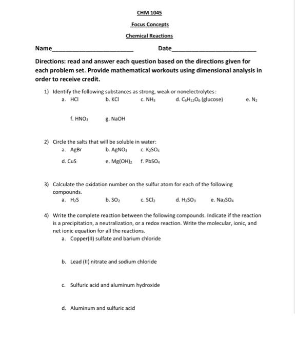 Solved CHM 1045 Focus Concepts Chemical Reactions Name Date | Chegg.com