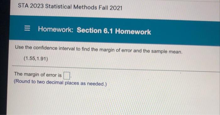 Solved STA 2023 Statistical Methods Fall 2021 Homework: | Chegg.com