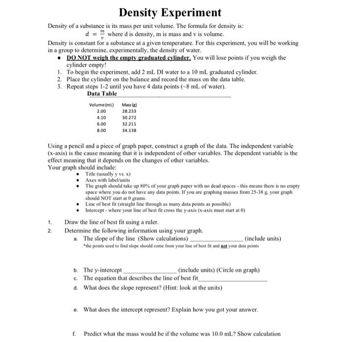 Solved Density Experiment Density of a substance is its mass | Chegg.com