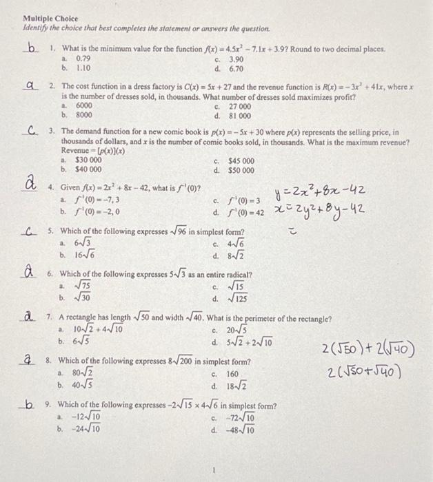 Solved b. 1. What is the minimum value for the function | Chegg.com
