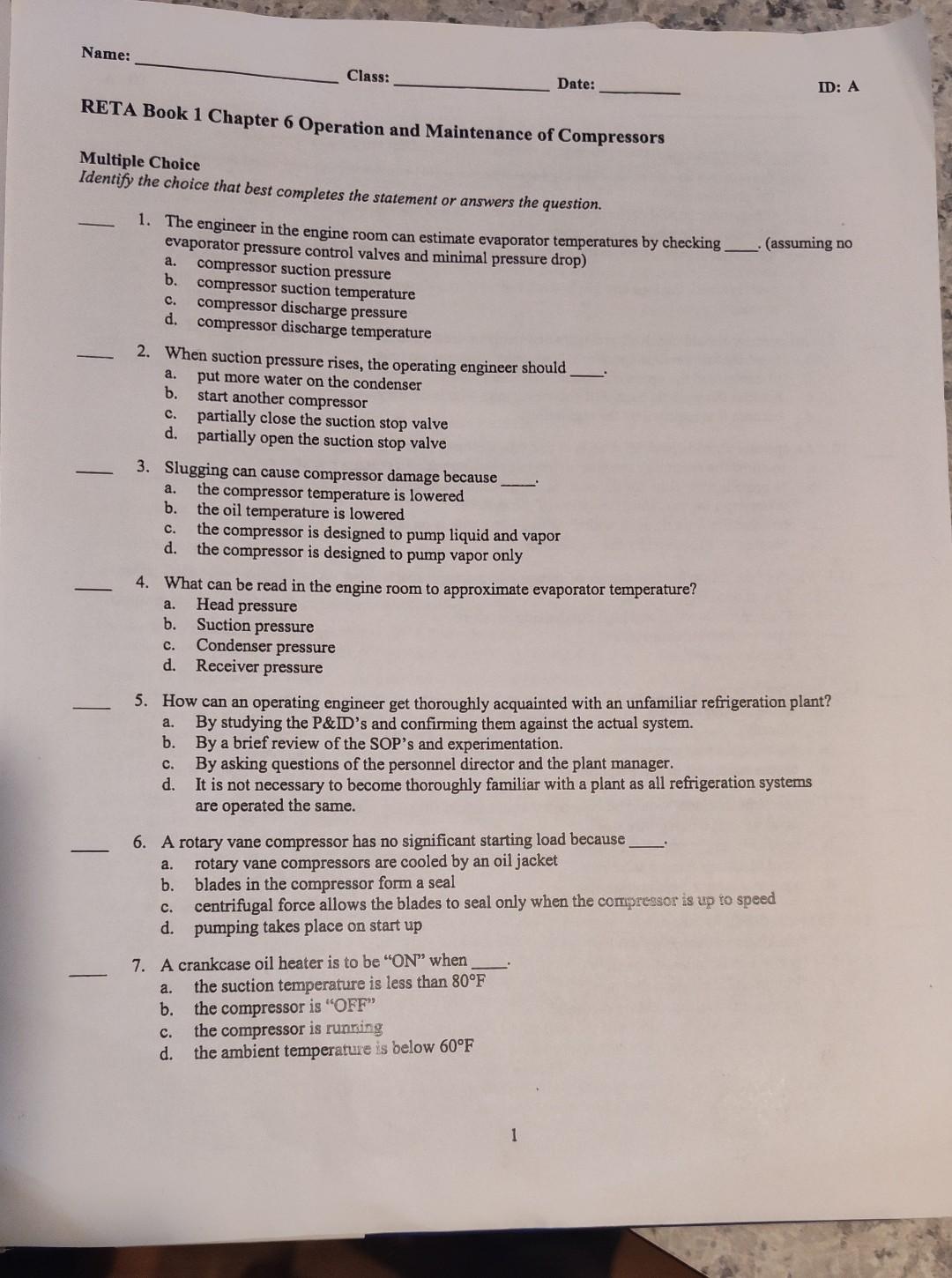 Solved HVAC QUESTIONS RETA BOOK 1 CHAPTER 6 OPERATION AND