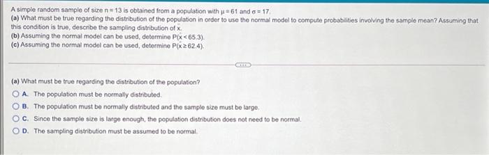 Solved A simple random sample of size n=13 is obtained from | Chegg.com