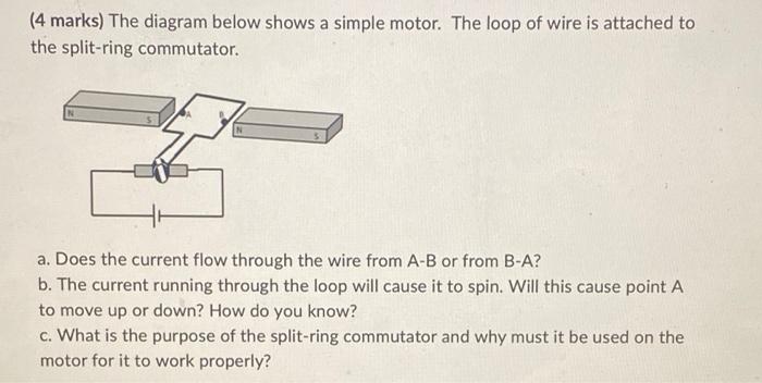 (4 marks) The diagram below shows a simple motor. The loop of wire is attached to
the split-ring commutator.
a. Does the curr