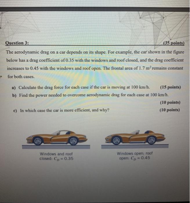 Solved Question 3: (35 points) The aerodynamic drag on a car | Chegg.com