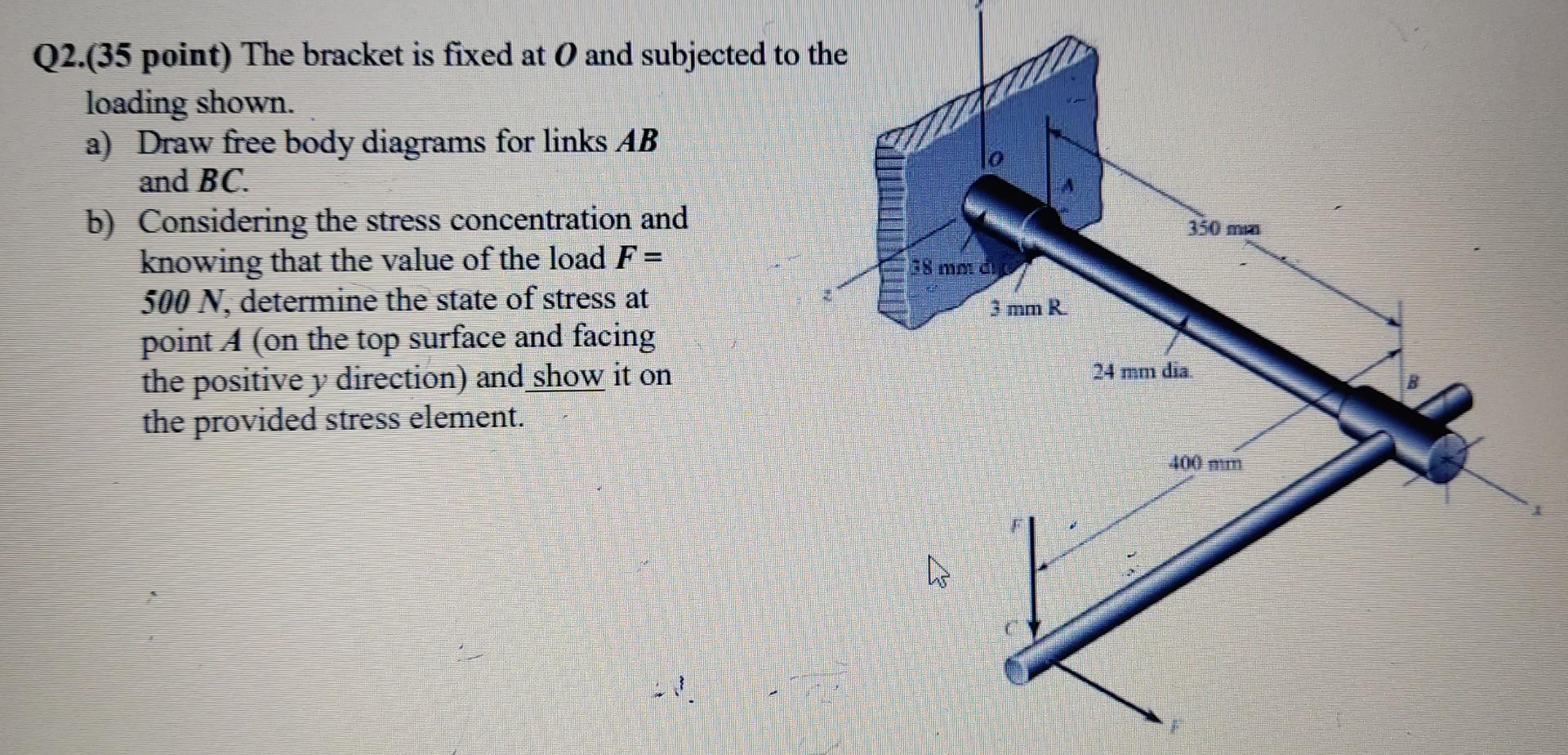 Solved Q2.(35 point) The bracket is fixed at O and subjected | Chegg.com