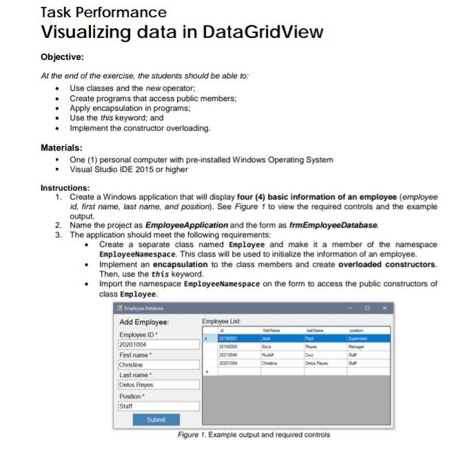 Solved Task Performance Visualizing Data In DataGridView | Chegg.com