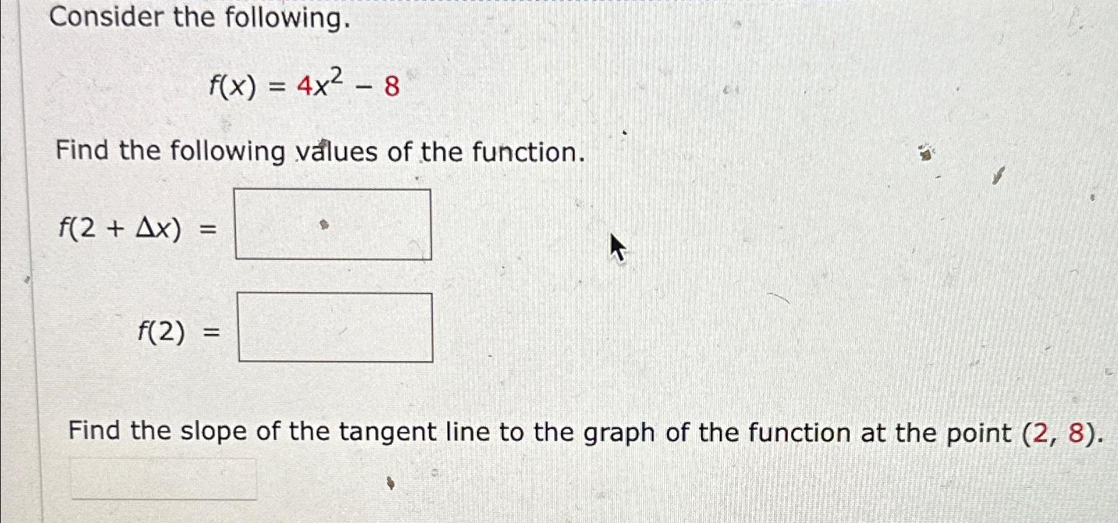 Solved Consider the following.f(x)=4x2-8Find the following | Chegg.com