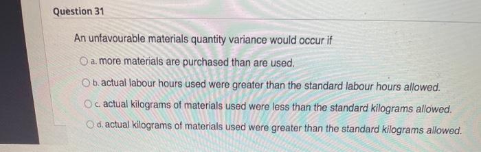 Solved Question 30 The total materials variance is equal to 
