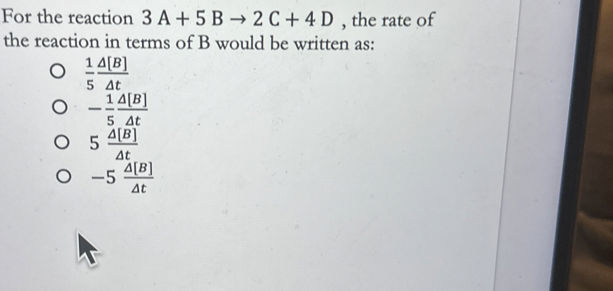 Solved For the reaction 3A+5B→2C+4D, ﻿the rate of the | Chegg.com