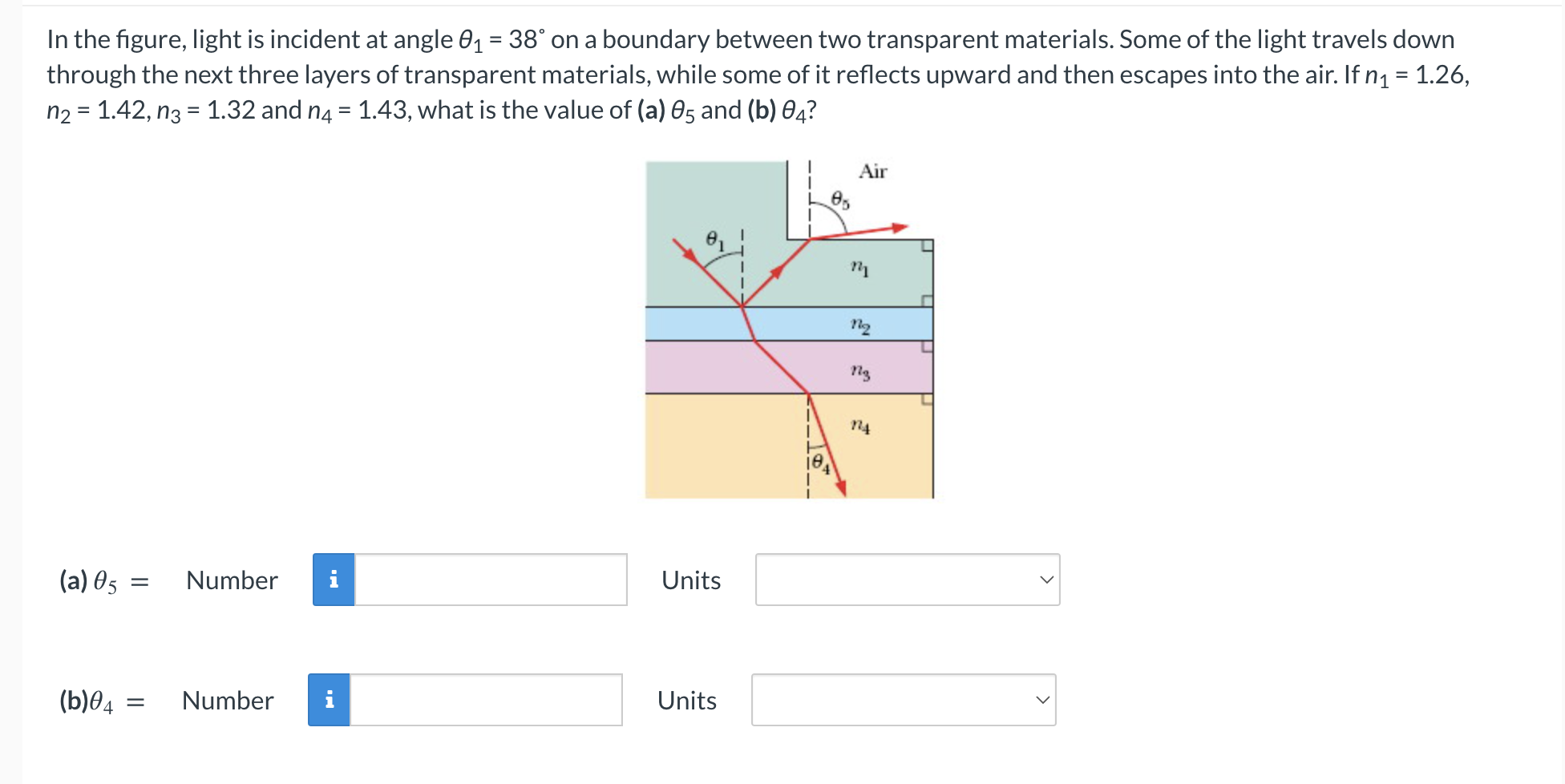 Solved In the figure, light is incident at angle θ1=38° ﻿on | Chegg.com