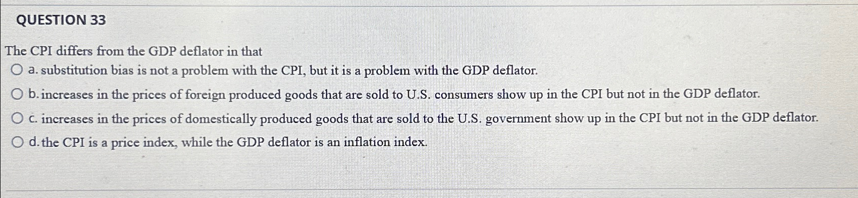 Solved QUESTION 33The CPI differs from the GDP deflator in | Chegg.com