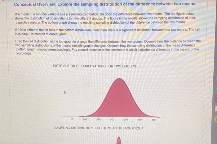 Conceptual Overview: Explore the sampling distribution of the difference between two means.
The mean of a random variable has