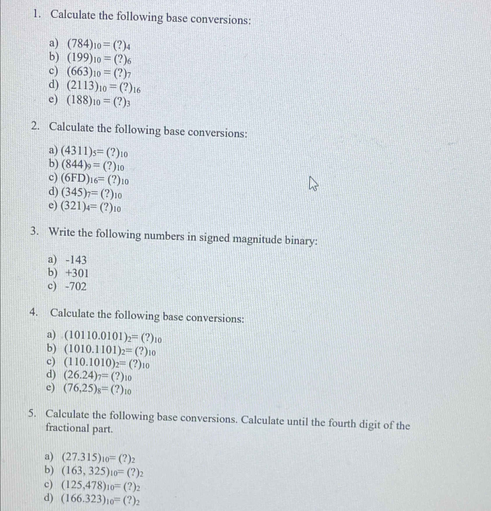 Solved Calculate the following base | Chegg.com