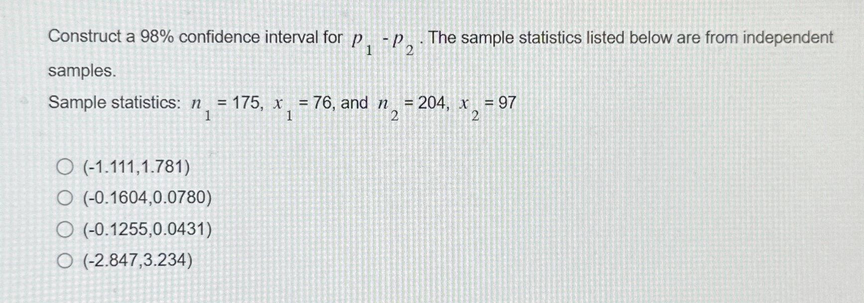 Solved Construct a 98% ﻿confidence interval for p1-p2. ﻿The | Chegg.com