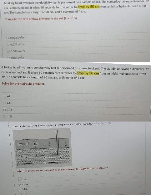 Solved A falling head hydraulic conductivity test is | Chegg.com
