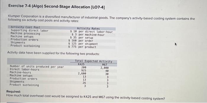 Solved Exercise 7-4 (Algo) Second-Stage Allocation [LO7-4] | Chegg.com