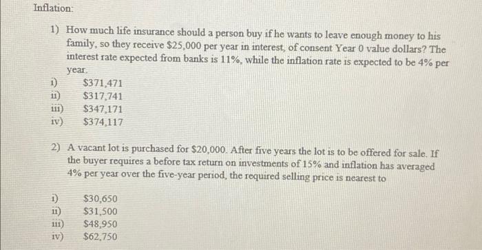 Solved Inflation 1) How much life insurance should a person | Chegg.com