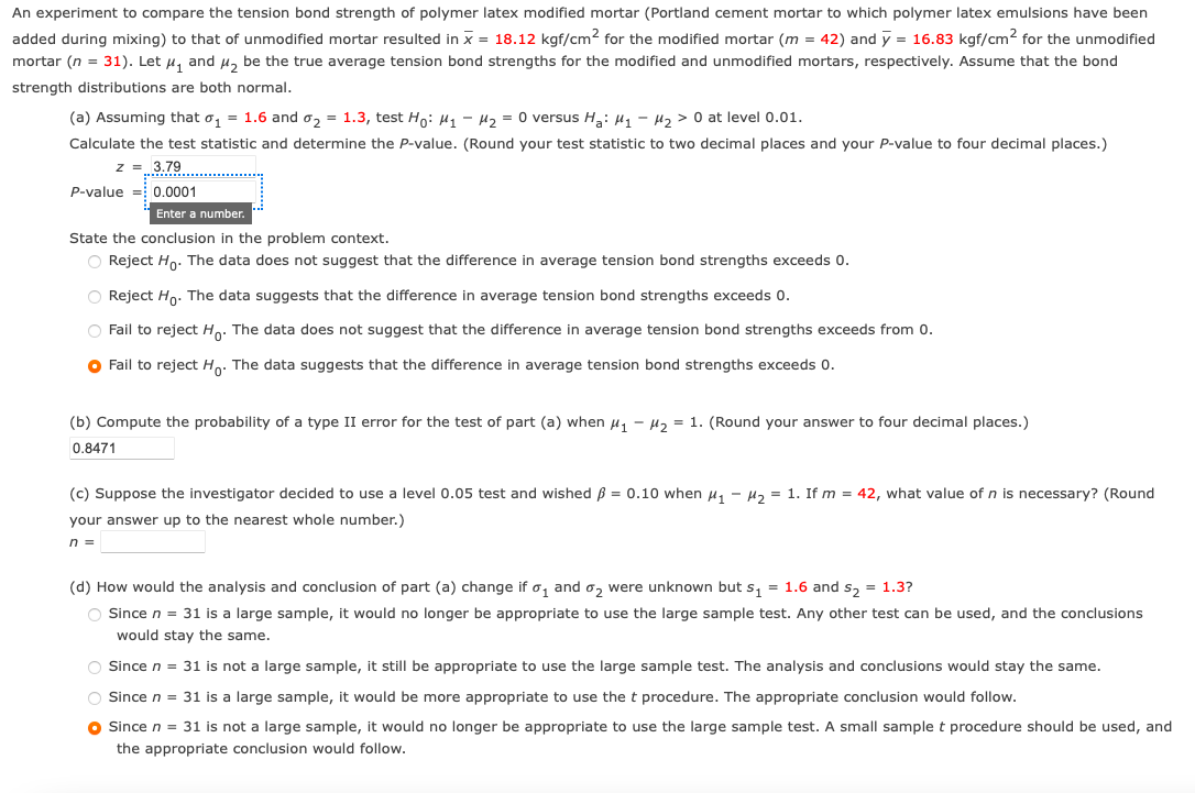 Solved An experiment to compare the tension bond strength of | Chegg.com