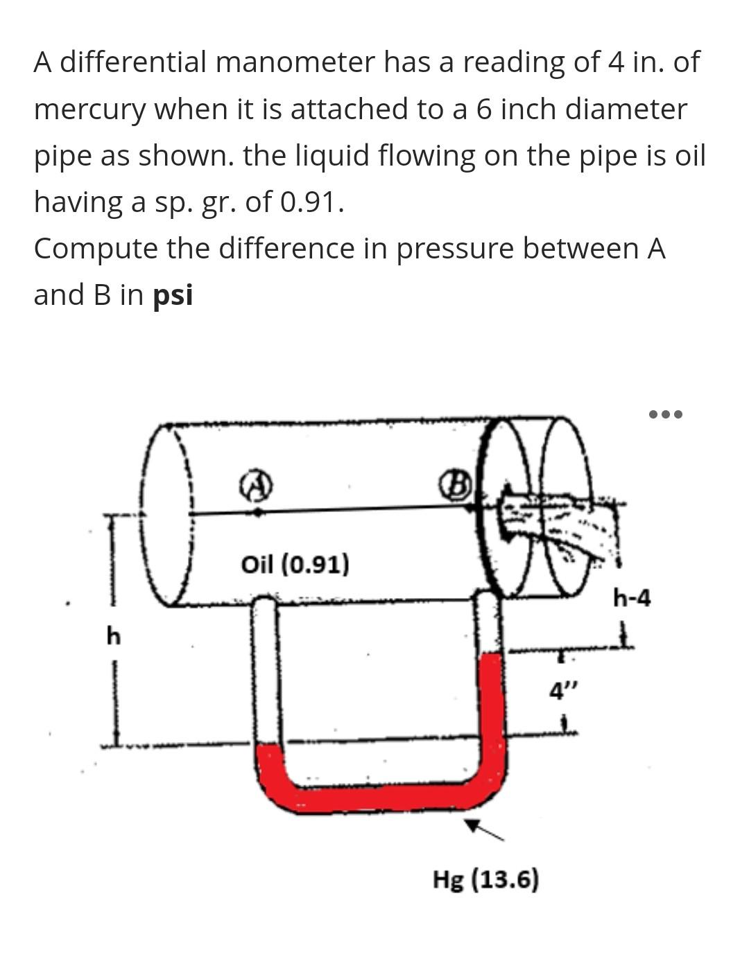 Solved A differential manometer has a reading of 4 in. of