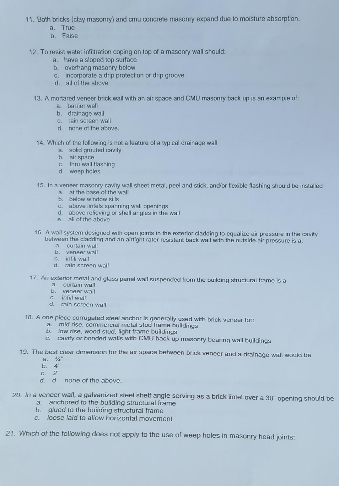 Masonry Practice Problem Solved 11. Both bricks (clay masonry) and cmu concrete | Chegg.com