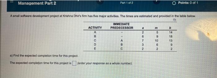 Solved Management Part 2 Part 1 of 2 O Points: 0 of 1 A | Chegg.com