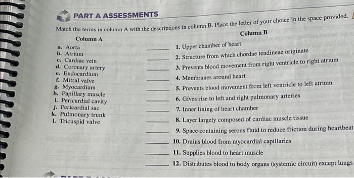 Solved PART A ASSESSMENTS Match The Terms In Column A With | Chegg.com