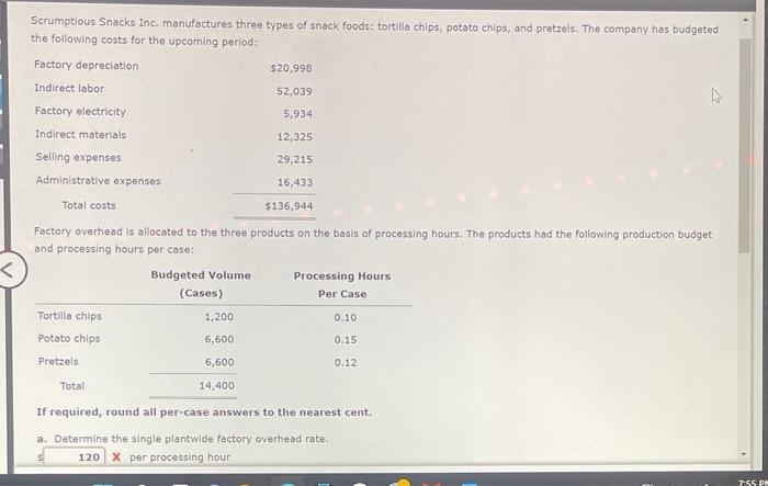Scrumptious Snacks Inc, manufactures three types of snack foods: tortilla chips, potato chips, and pretzels. The company has 