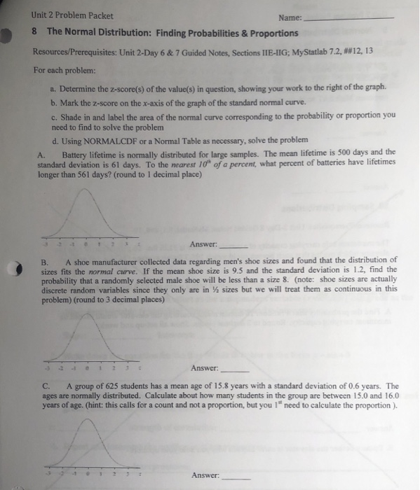 Solved Unit 2 Problem Packet Name: 8 The Normal | Chegg.com