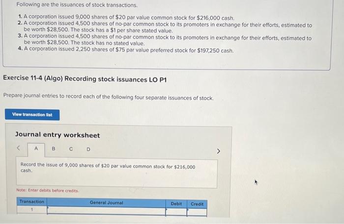 Solved Following are the issuances of stock transactions. 1. | Chegg.com