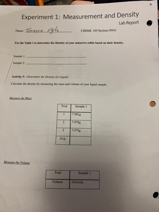 Solved Experiment 1 Measurement And Density Lab Report