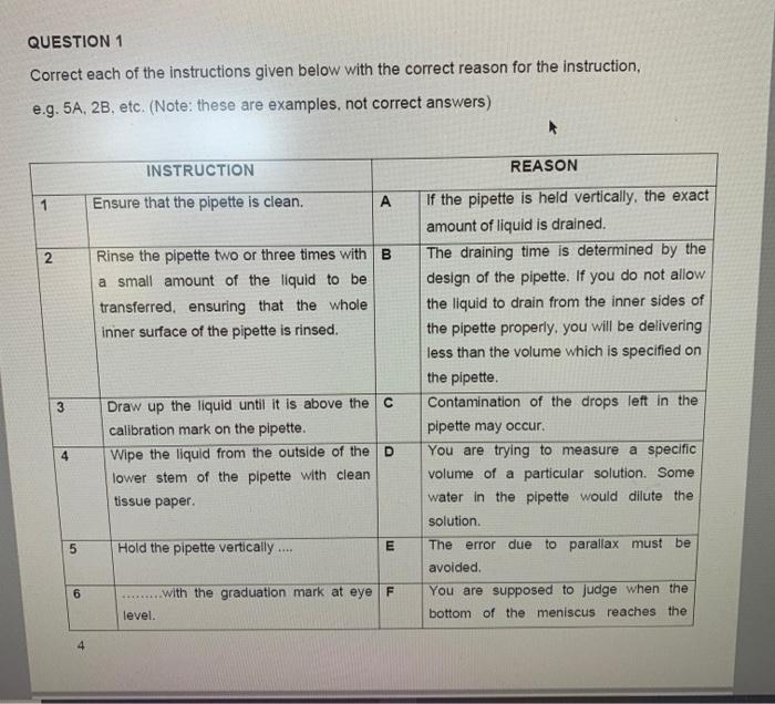 Solved Proper lab usage of a pipette question. The answers