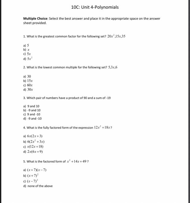 Solved 10C: Unit 4-Polynomials Multiple Choice: Select the | Chegg.com