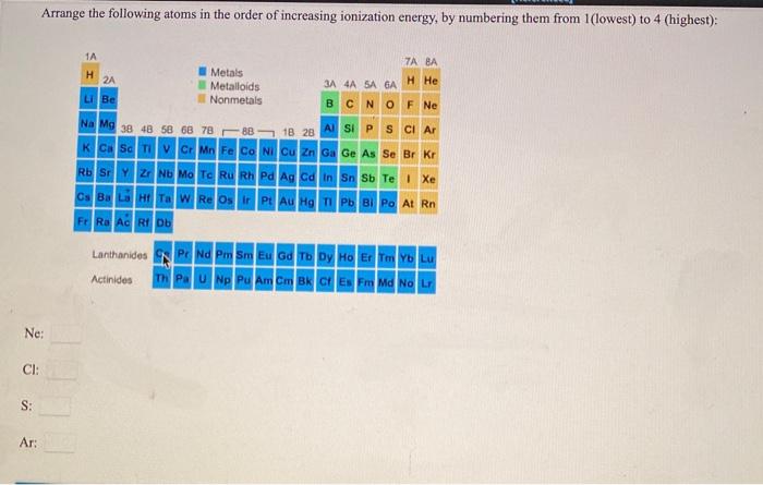 Solved Arrange the following atoms in the order of | Chegg.com