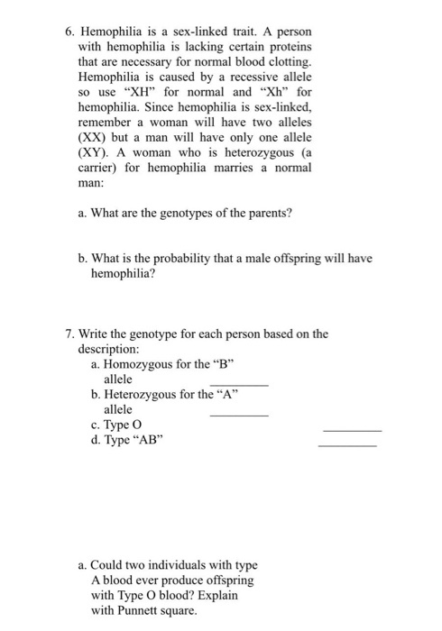 Solved 6 Hemophilia Is A Sex Linked Trait A Person With 6240