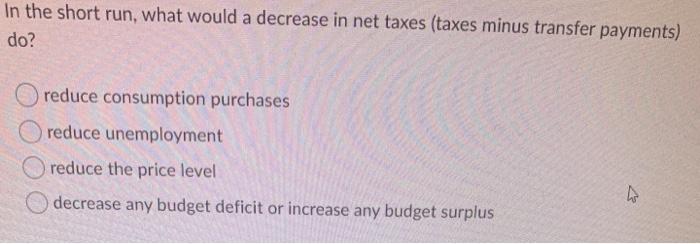 Solved In the short run, what would a decrease in net taxes | Chegg.com