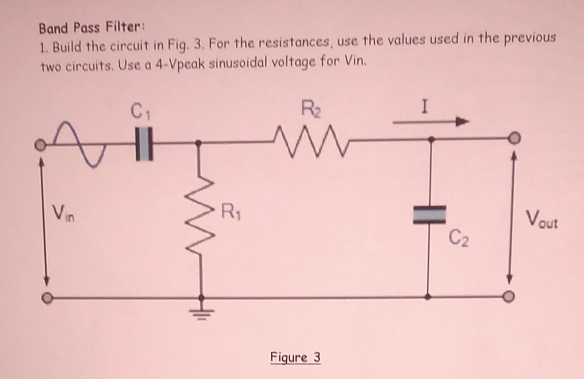 Band Pass Filter: 1. Build the circuit in Fig. 3. For | Chegg.com