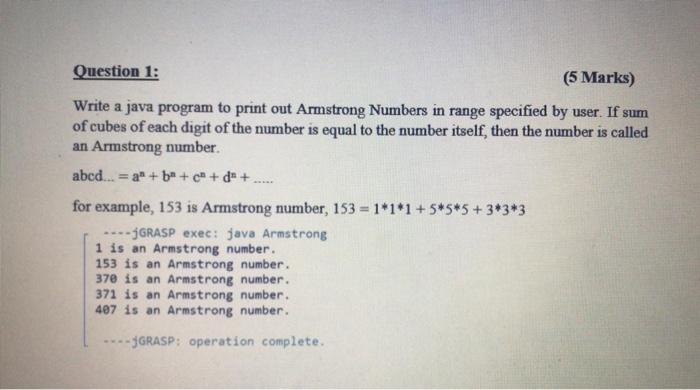 Solved Question 1: (5 Marks) Write a java program to print | Chegg.com