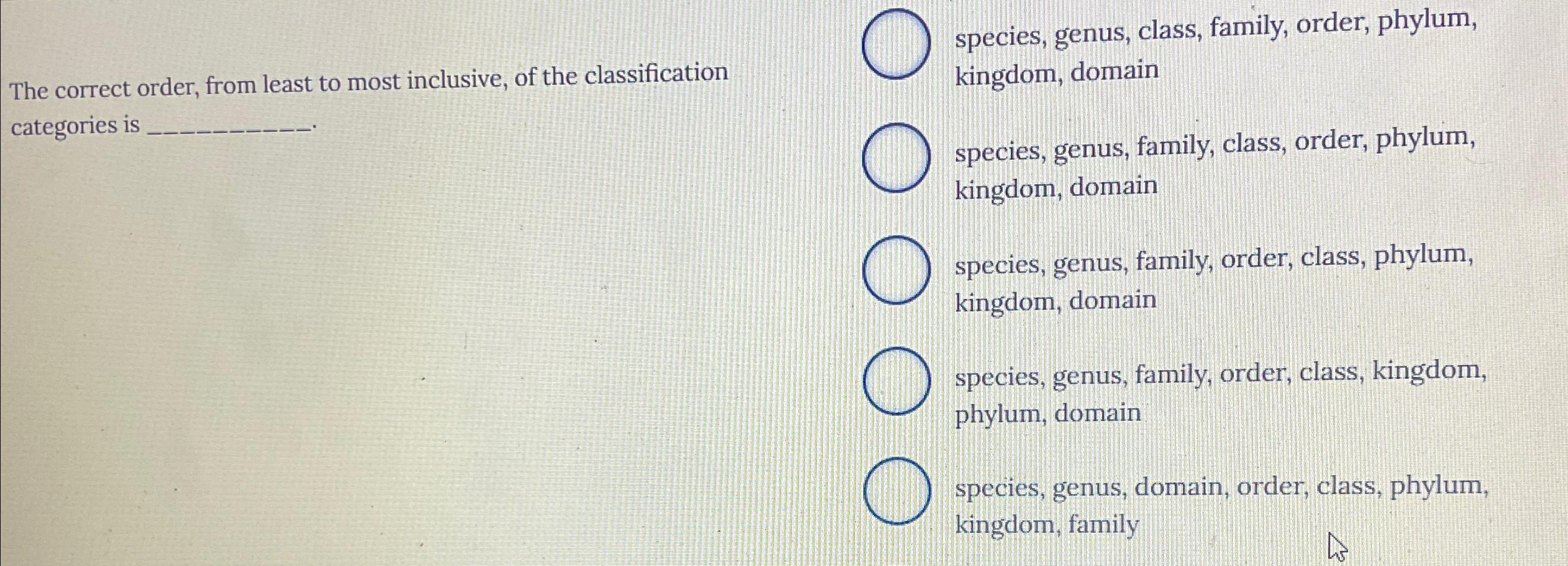 Solved The correct order, from least to most inclusive, of | Chegg.com