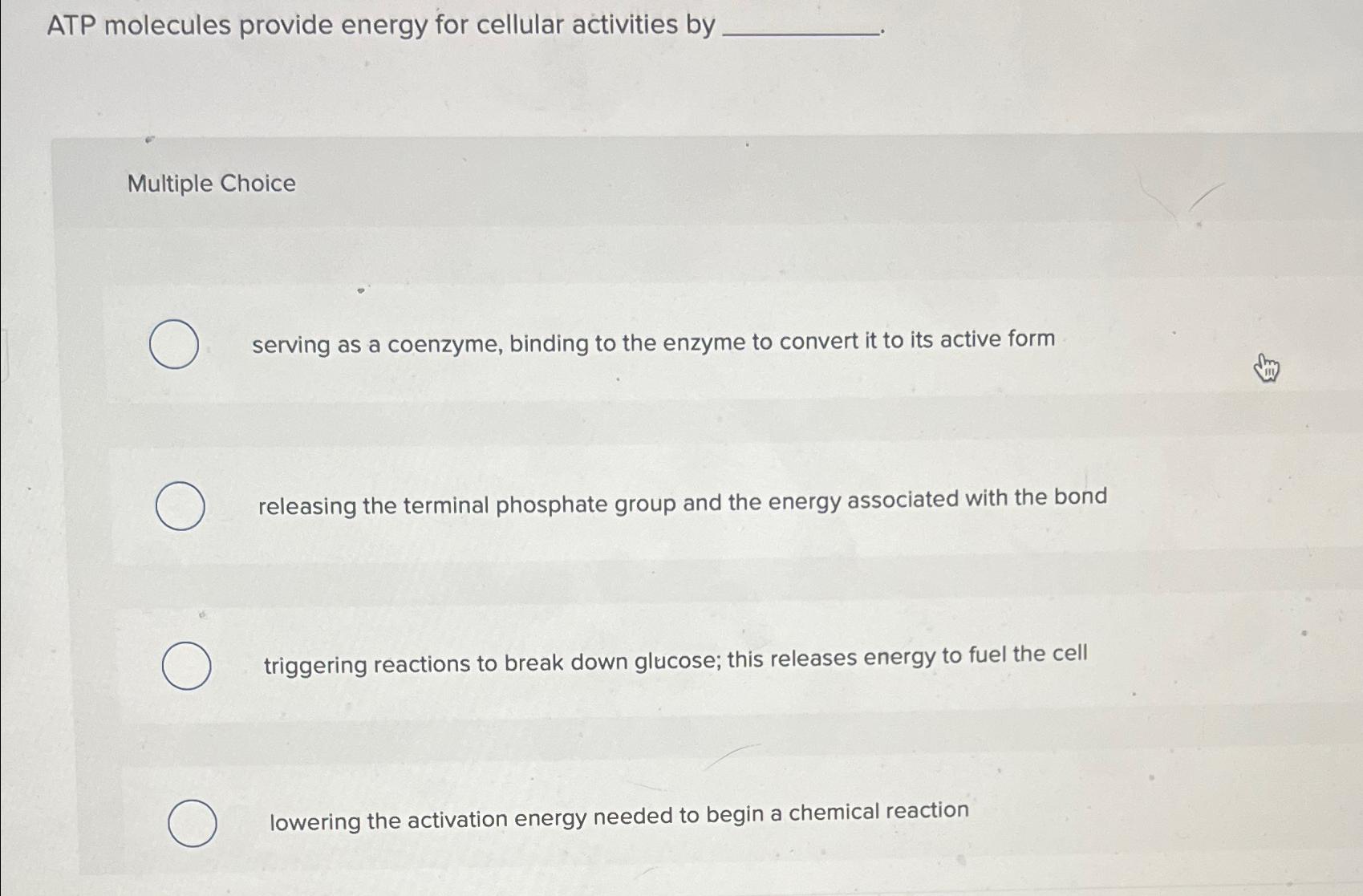 Solved ATP molecules provide energy for cellular activities