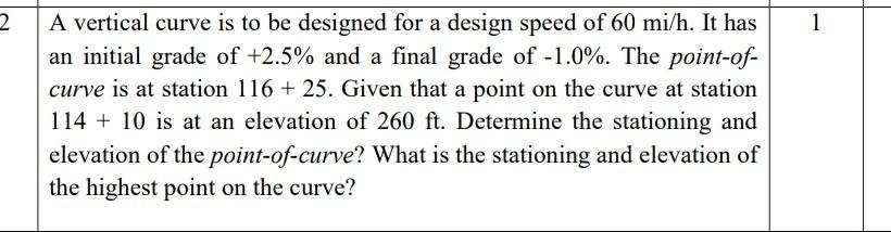 Solved 2 2 1 A vertical curve is to be designed for a design | Chegg.com