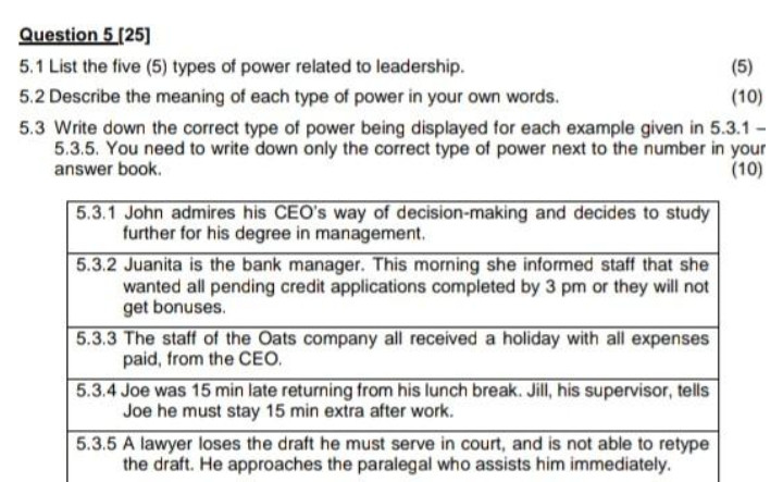 Solved Question 5 (25) 5.1 List the five (5) types of power | Chegg.com