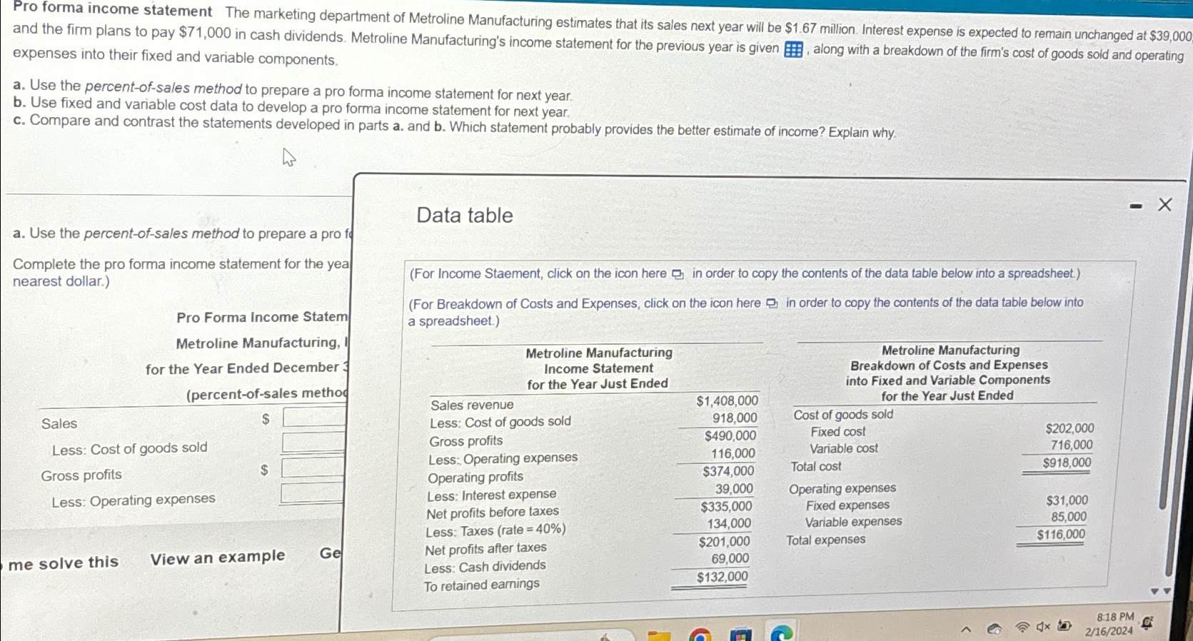 Solved Pro forma income statement The marketing department | Chegg.com