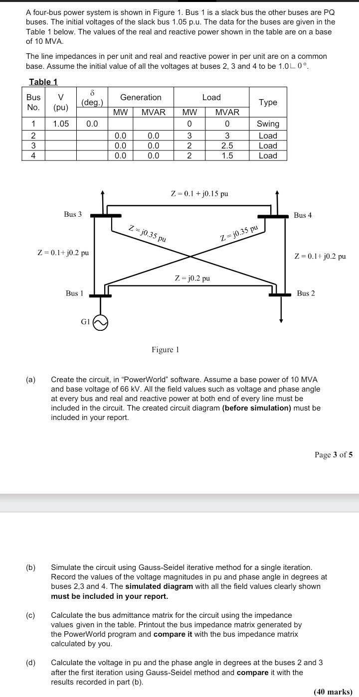 Solved A Four Bus Power System Is Shown In Figure 1 Bus 1