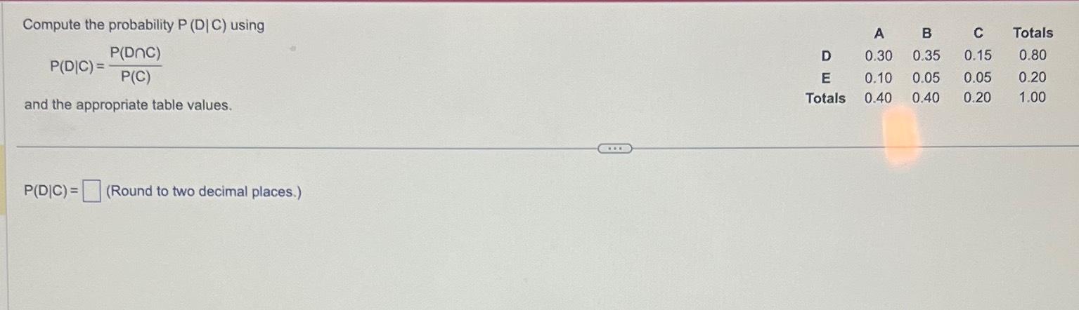 Solved Compute the probability P(D|C) | Chegg.com