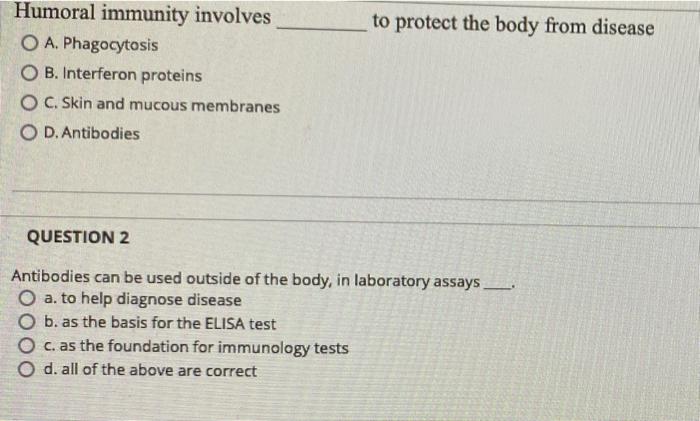 Solved to protect the body from disease Humoral immunity | Chegg.com
