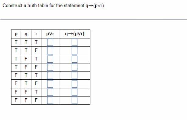 Solved Construct A Truth Table For The Statement Q→p∨r 3162