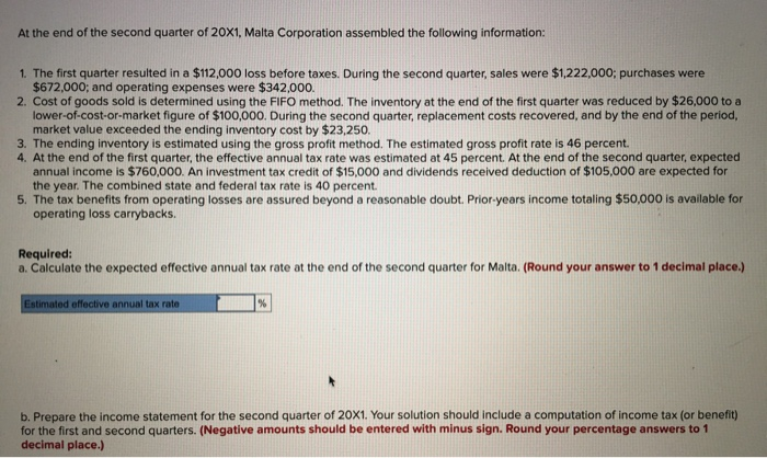 Solved At the end of the second quarter of 20x1, Malta | Chegg.com