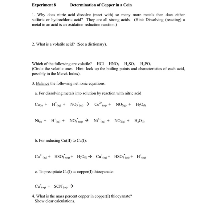 Solved Experiment 8 Determination of Copper in a Coin 1. Why | Chegg.com