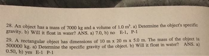 Solved 28. An Object Has A Mass Of 7000 Kg And A Volume Of | Chegg.com