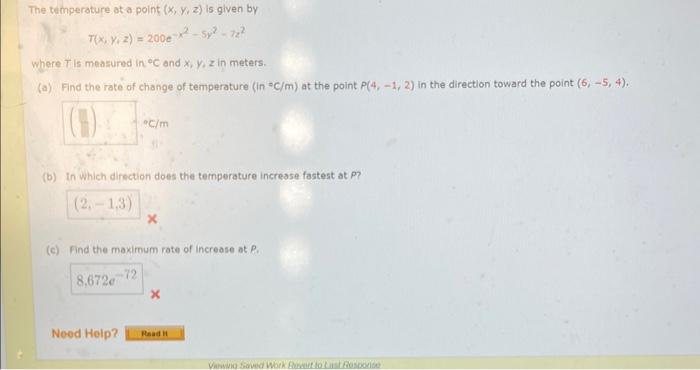 Solved The temperature at a point (x,y,z) is given by | Chegg.com